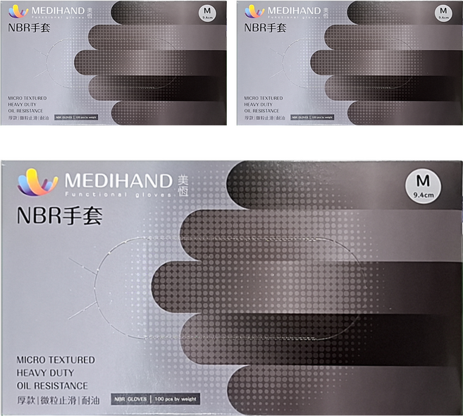 MEDIHAND 美恆 NBR手套 微粒止滑 厚款手套, 黑色, M, 3盒