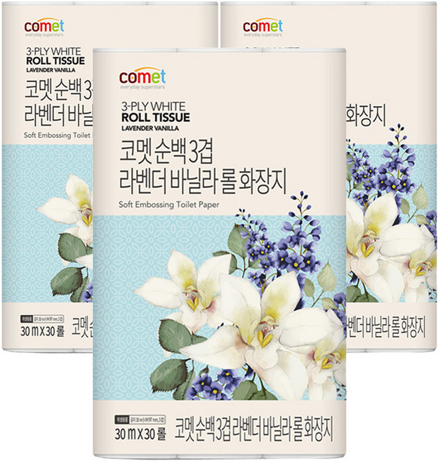 코멧 순백 3겹 라벤더 바닐라 롤화장지, 30m, 30개입, 3개