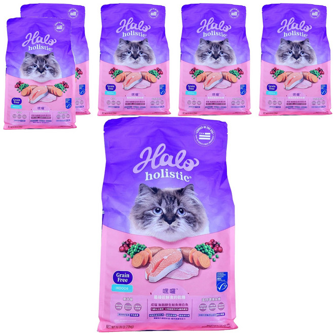 Halo 嘿囉 成貓用 無穀乾糧, 2.72kg, 6袋, 野生鮭魚燉白魚