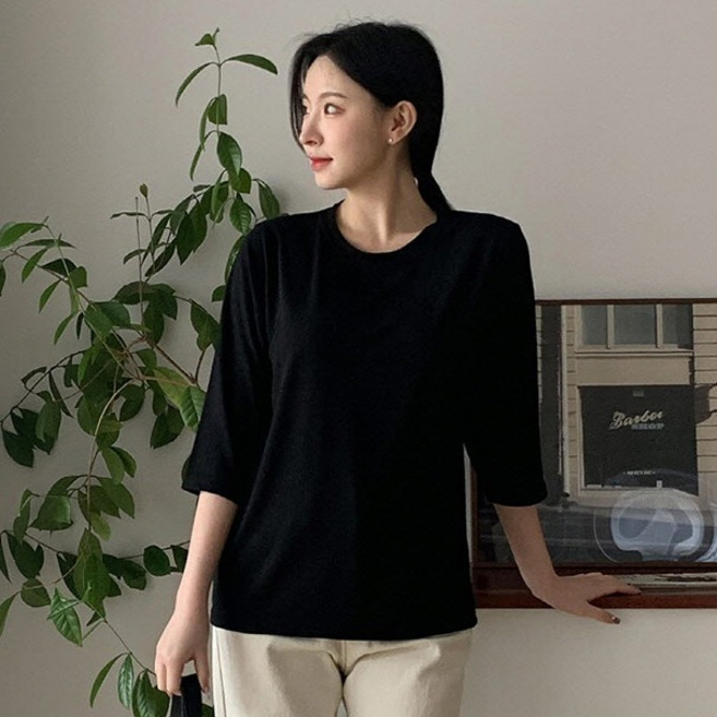 안다로미 여성용 라운드 무지 8부 티셔츠