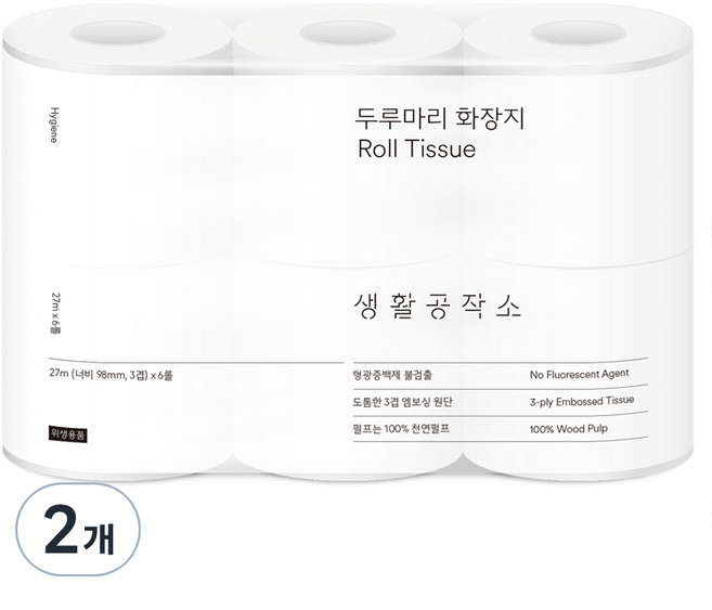 생활공작소 두루마리 천연펄프 3겹 고급롤화장지, 27m, 6개입, 2개