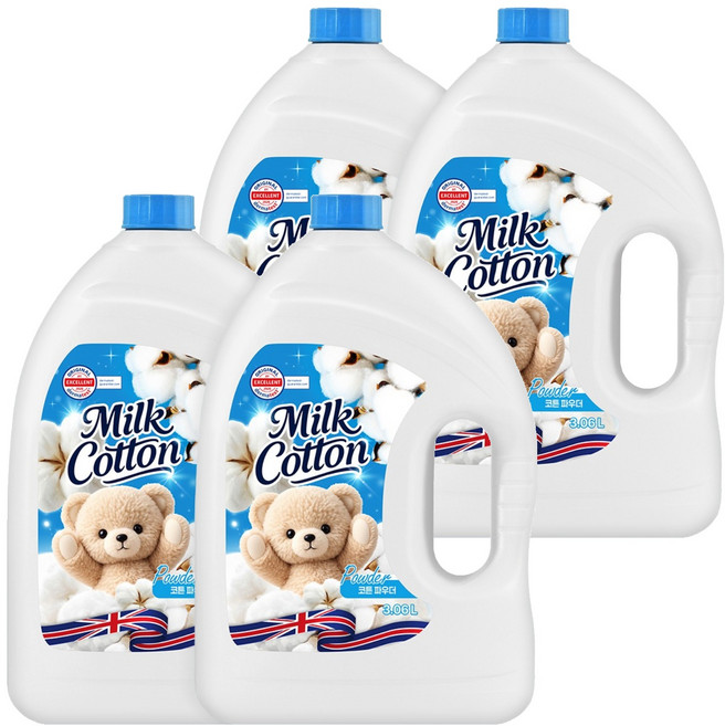 밀크코튼 섬유유연제 파우더 코튼 파우더향 본품, 3.06L, 4개