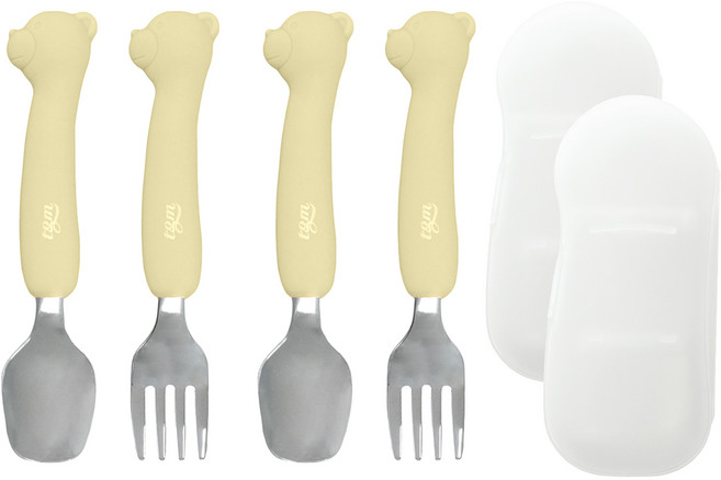 티지엠 실리콘 스테인리스 스푼포크 세트 곰돌이, 올리브, 스푼 + 포크 + 케이스, 2세트