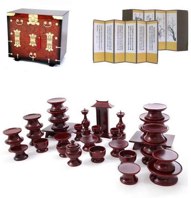 남원 문화재 오리목 제기 37p + 남원 앞닫이 제기 보관함 + 남원목기공예 비단 사군자 반야심경 6폭 병풍, 1세트, 제기 37p + 보관함 + 병풍