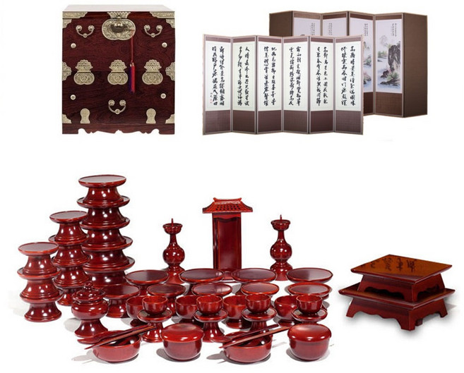 패키지 문화재 오리목 제기 49p + 남원 오동나무 앞닫이 제기함 + 남원목기공예 옥비단 산수화 추사한시 6폭 병풍, 1세트, 제기함 + 제기 49p + 병풍