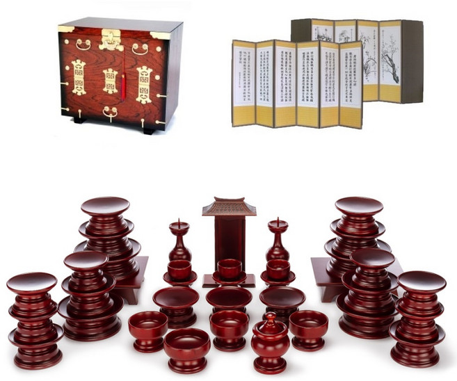 남원목기 춘향 물푸레 제기세트 37p + 남원 앞닫이 제기 보관함 + 남원목기공예 비단 사군자 반야심경 6폭 병풍, 1세트, 보관함 + 병풍 + 제기세트 37p