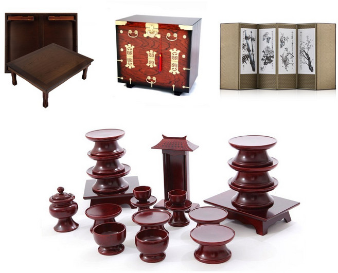 남원 문화재 오리목 간편 실속제기 20p + 남원 창공 엔틱 다용도상 2.5x3.0 + 미니멀 추사 사군자 비단 6폭병풍 + 남원 앞닫이 제기 보관함, 1세트, 실속제기 20p + 제기 보관함 + 다용도상 + 병풍