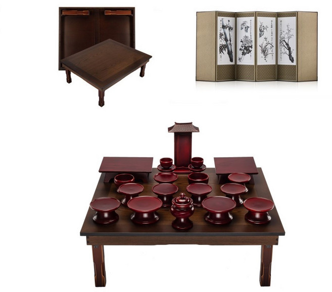 남원 문화재 물푸레 간편실속 제기 20p + 남원 창공 엔틱 다용도상 2.5x3.0 + 미니멀 추사 사군자 비단 6폭병풍, 1세트