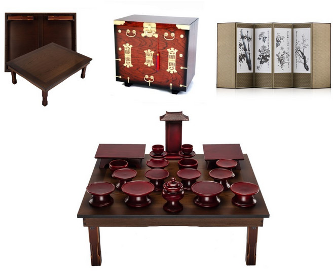 남원 문화재 물푸레 간편실속 제기 20p + 남원 창공 엔틱 다용도상 2.5x3.0 + 미니멀 추사 사군자 비단 6폭병풍 + 남원 앞닫이 제기 보관함, 체리