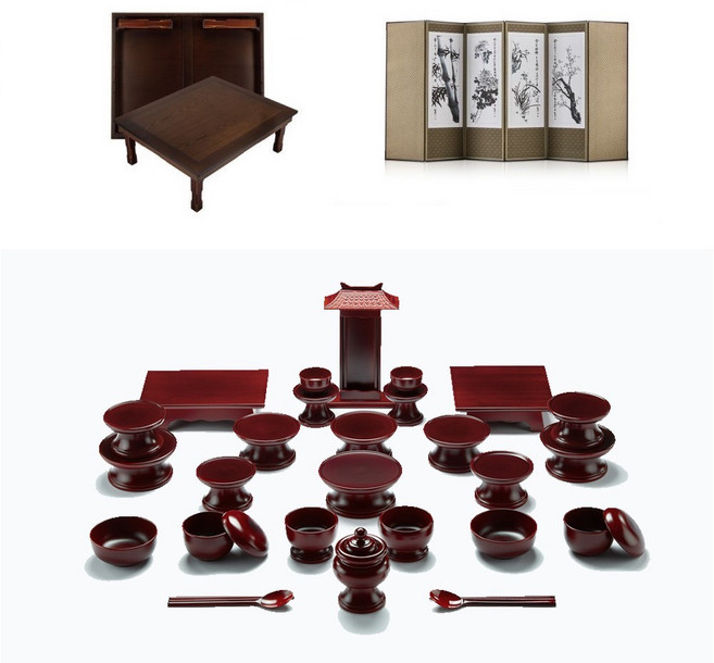 남원 문화재 오리목 간편 실속제기 30p + 남원 창공 엔틱 다용도상 2.5x3.0 + 미니멀 추사 사군자 비단 6폭병풍, 1세트, 다용도상 + 병풍 + 제기 30P