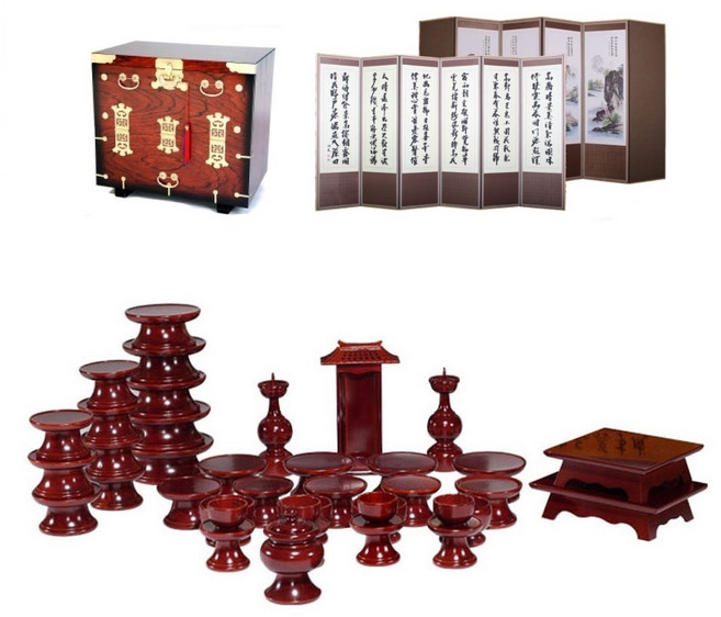 패키지 문화재 오리목 제기 39p + 남원 앞닫이 제기 보관함 + 남원목기공예 옥비단 산수화 추사한시 6폭 병풍, 1세트