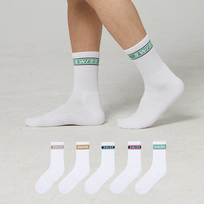 스위스밀리터리 남성용 프리미엄 스포츠 중목 양말 5켤레, 화이트, 1세트