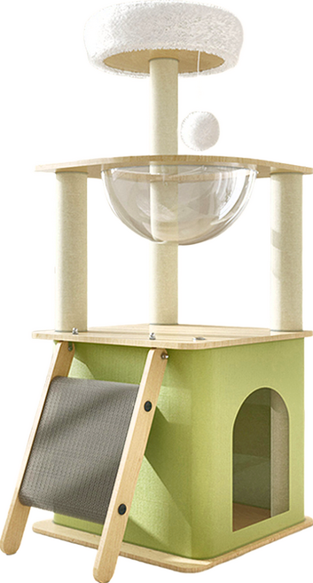 哈囉毛孩 帳篷貓屋太空艙貓跳台簡約款 附貓抓板 125cm 絨毛小窩+玩具球 透明太空艙, 綠色 + 白色 + 木色, 1個