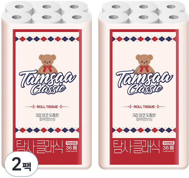 탐사 클래식 3겹 펄프 36롤 화장지, 36개입, 2개