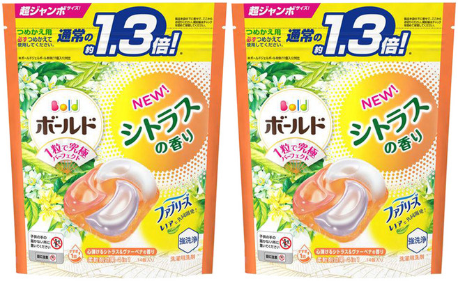 Bold 日本原裝進口 4in1 超強洗淨4D洗衣膠囊補充裝 柑橘馬鞭草, 14顆, 2袋