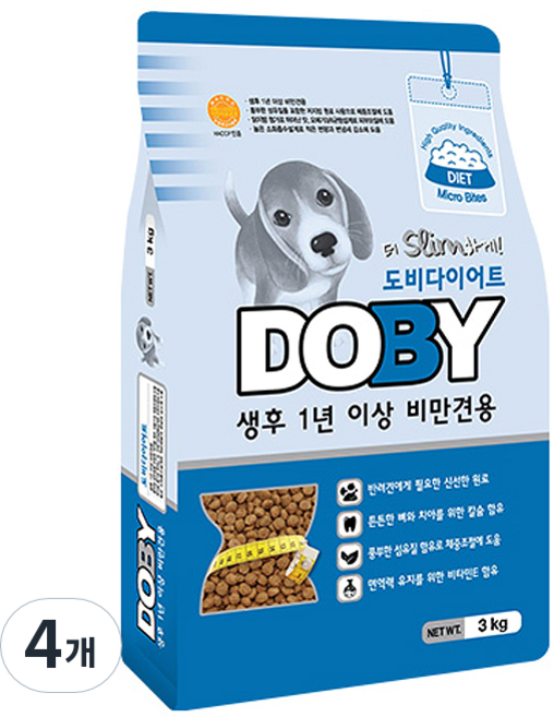 인터펫코리아 도비 어덜트 강아지 다이어트 건식사료, 곡물, 3kg, 4개