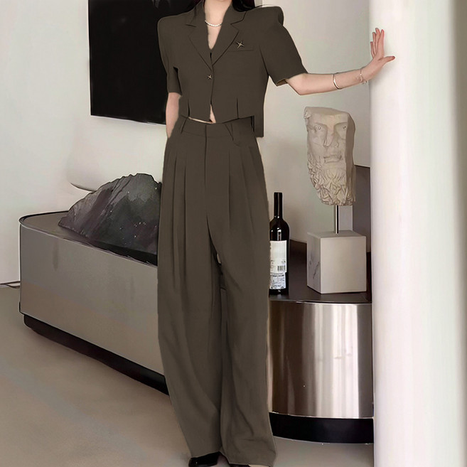 비비에모 여름 정장세트 숏 카라 반팔 재킷 + 와이드 팬츠 06729