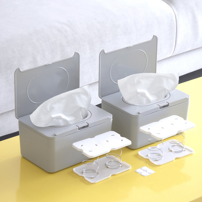 주앤지 다용도 원터치 티슈업 물티슈 케이스 + 스프링 + 고정용 양면테이프 세트, 그레이(케이스), 2세트