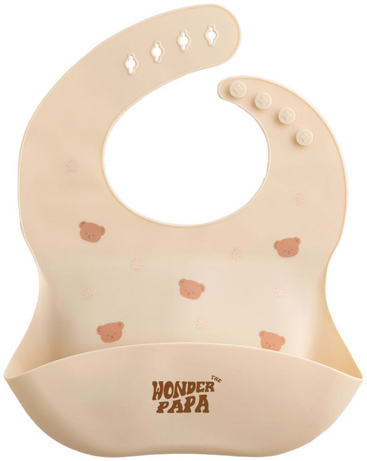 원더파파 유아용 실리콘 방수 이유식 턱받이, 베이지 곰돌이, 1개입, 1개