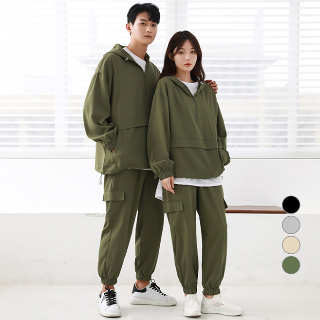 턴키 빅사이즈 오버핏 반집업 후드 아노락 + 카고 조거 팬츠 세트 AJ-1190