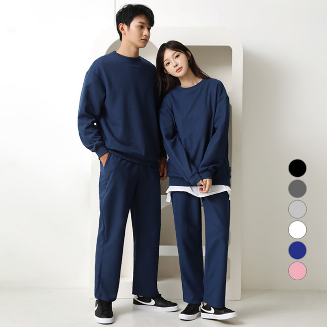 턴키 남녀공용 빅사이즈 와플 맨투맨 일자 팬츠 상하의 세트 FW-3190