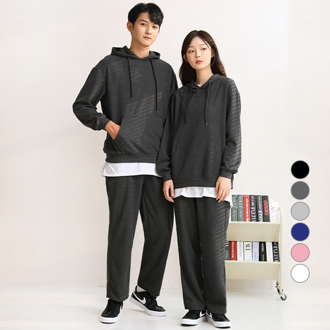 턴키 남녀공용 빅사이즈 오버핏 와플 후드티 + 일자팬츠 상하 세트 FW-3290