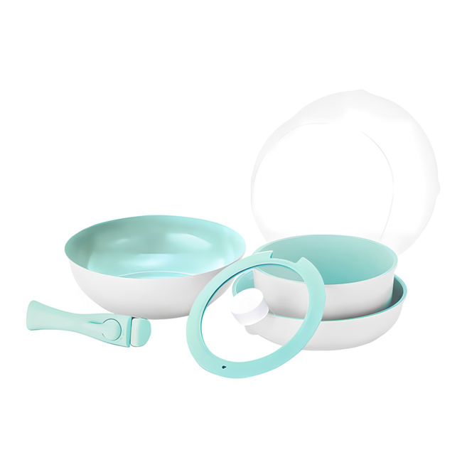 NEOFLAM Midas Plus 陶瓷塗層鍋8件組 ICE IH爐適用 不挑爐具, 平底鍋 + 炒鍋 + 可卸式把手 + 湯鍋 + 玻璃蓋 + 3個搭扣式PE蓋, ICE 白色 + 綠色, 1組