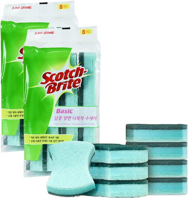 스카치브라이트 베이직 삼중양면 다목적 수세미, 8개입, 2개