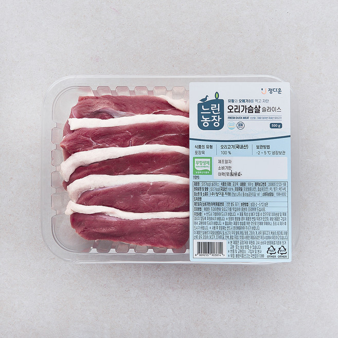 느린농장 무항생제 인증 정다운 오리 가슴살 슬라이스 (냉장), 1개, 500g