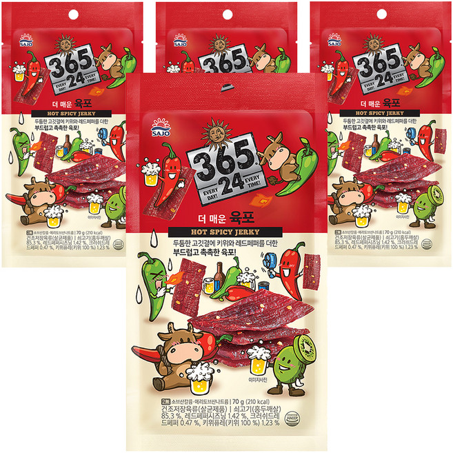 삼육오점이사 해표 365 24 더 매운 육포, 70g, 4개