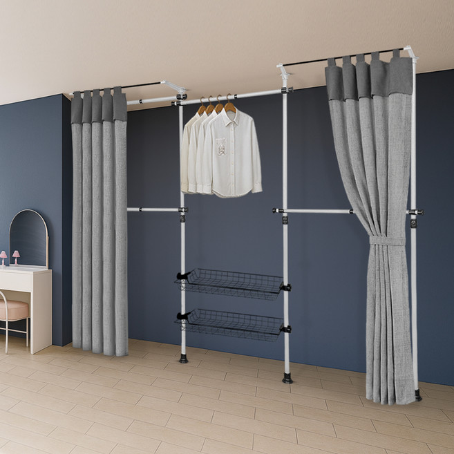 가화홈시스 수납 5단 옷걸이 2단 바구니 고급커튼 설치형행거, 아이보리 + 블랙 + 그레이