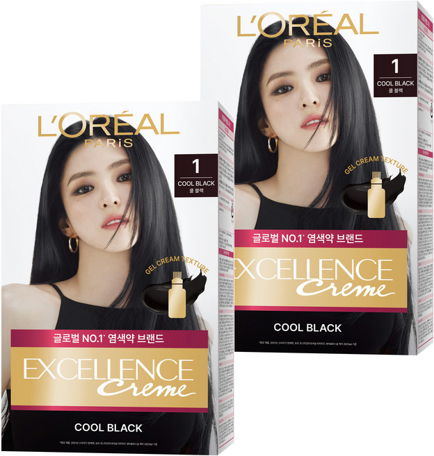 로레알파리 엑셀랑스 크림 빗캡으로 간편한 새치염색 염모제, 1호 쿨 블랙, 2개