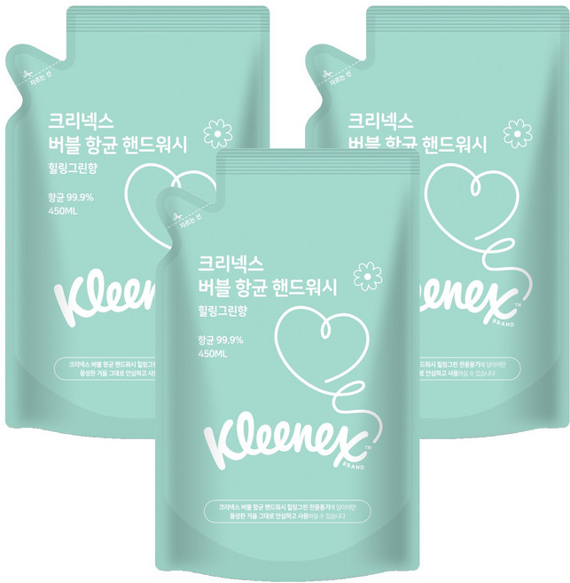 크리넥스 버블 항균 핸드워시 힐링그린향 리필, 450ml, 3개