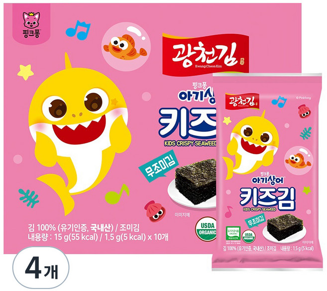 광천김 핑크퐁 아기상어 무조미 키즈김, 무조미김, 15g, 4개