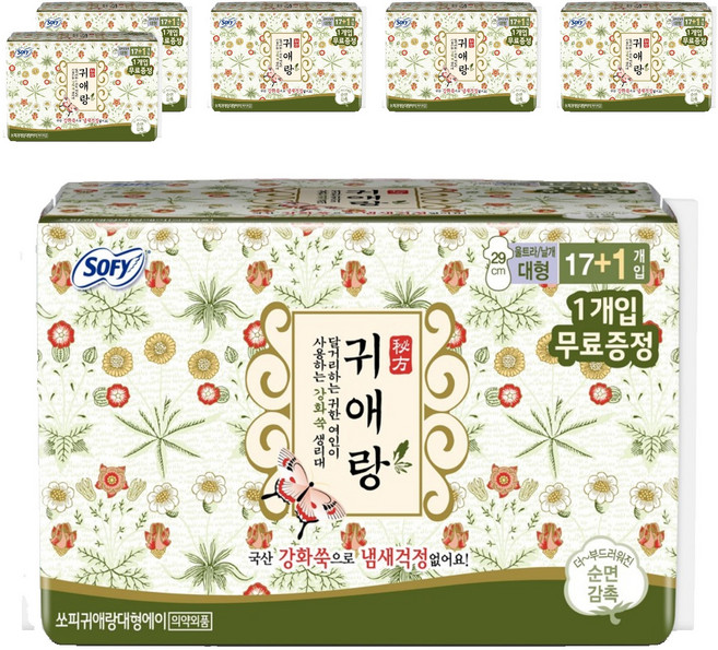 쏘피 귀애랑 생리대 날개형, 대형, 18개입, 6개