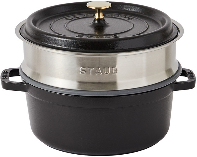 staub Cocotte 圓形鑄鐵鍋 含蒸籠 黑色, 1個, 24厘米