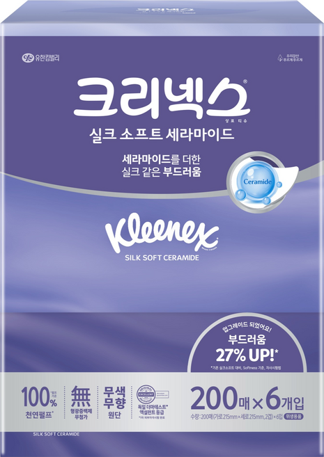 크리넥스 실크소프트 세라마이드 미용티슈 2겹 천연펄프, 200매, 6개