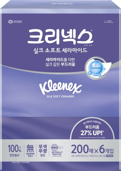 크리넥스 실크소프트 세라마이드 미용티슈 2겹 천연펄프, 200매입, 6개 - 쿠팡