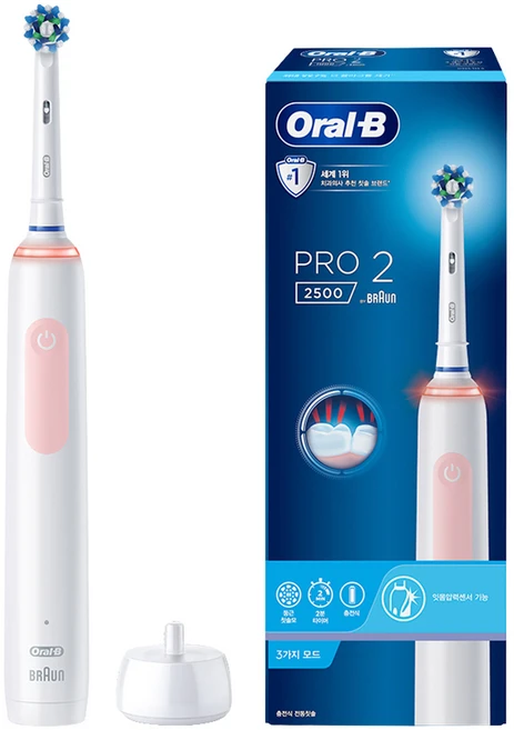 오랄비 전동칫솔 핸들 + 크로스액션 칫솔모 + 충전기, Pro2500, PINK, 1개 - 쿠팡