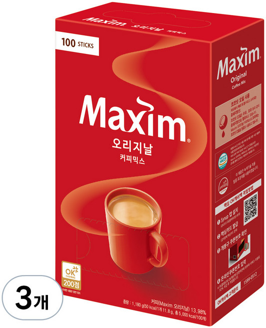 맥심 오리지날 커피믹스, 11.8g, 3개, 100개