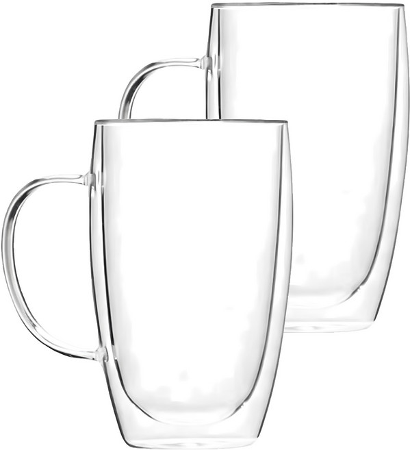 JOSIC 帶把手雙層高硼硅耐熱玻璃杯 9 x 14cm 450ml, 透明色, 2個