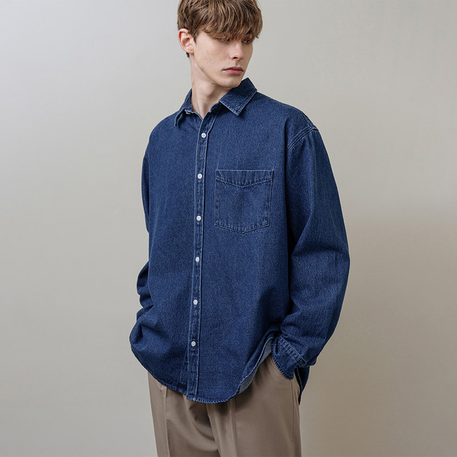 시티보이 남성용 시티보이 오버핏 워싱 데님 셔츠