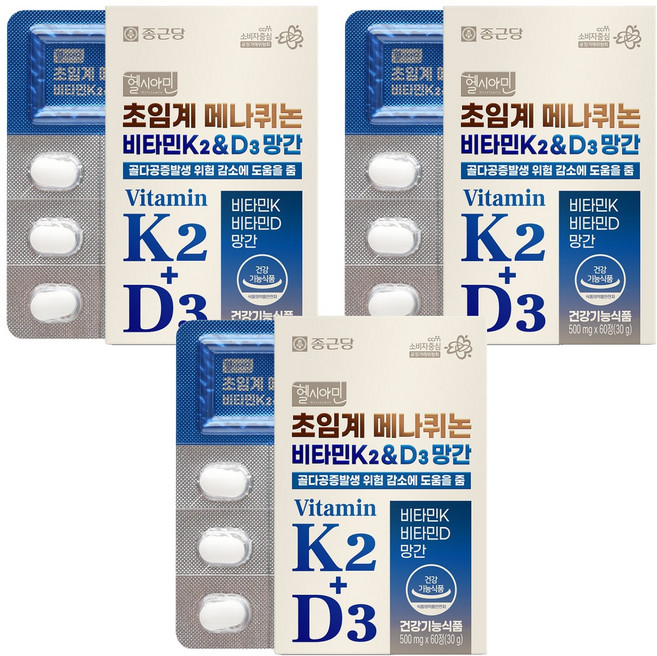 종근당 초임계 메나퀴논 비타민K2 & D3 망간 30g, 60정, 3개