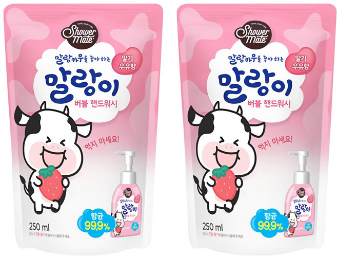 샤워메이트 말랑카우 퓨어버블 핸드워시 딸기우유향 리필용, 2개, 250ml