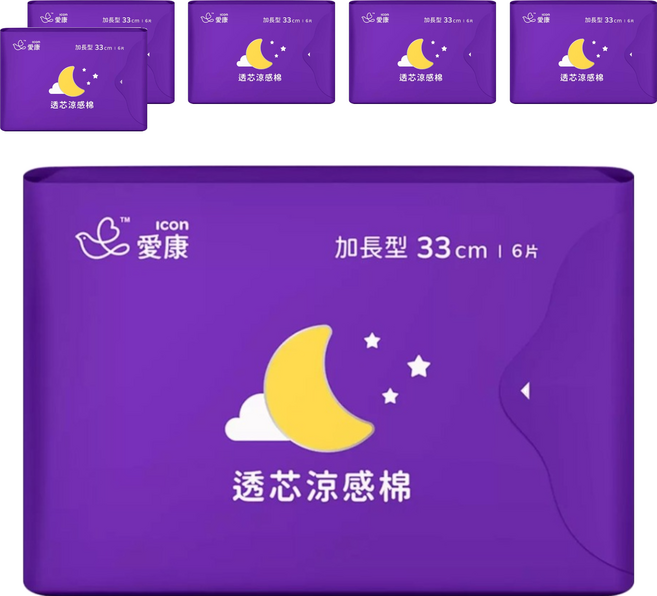 icon 愛康 透芯涼感衛生棉 加長型, 33cm, 6片, 6包