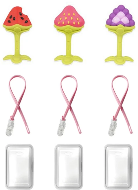 앙쥬 3D 과일 치발기 3종 세트, 치발기 3p + 스트랩 3p + 케이스 3p, 수박 + 딸기 + 포도 치발기 + 랜덤발송 스트랩, 1세트 - 쿠팡