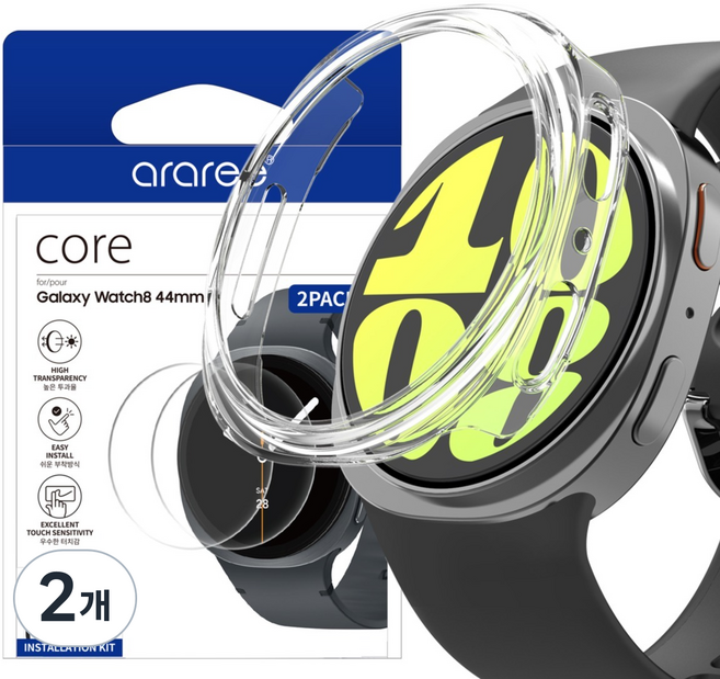 araree Galaxy Watch 透明PC保護殼 + 9H高強度全覆蓋鋼化玻璃螢幕保護貼 2片組, 2個, 透明