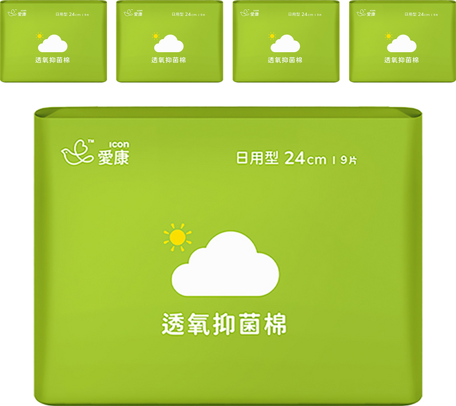icon 愛康 透氧抑菌棉 衛生棉, 日用型(24cm), 9片, 5包