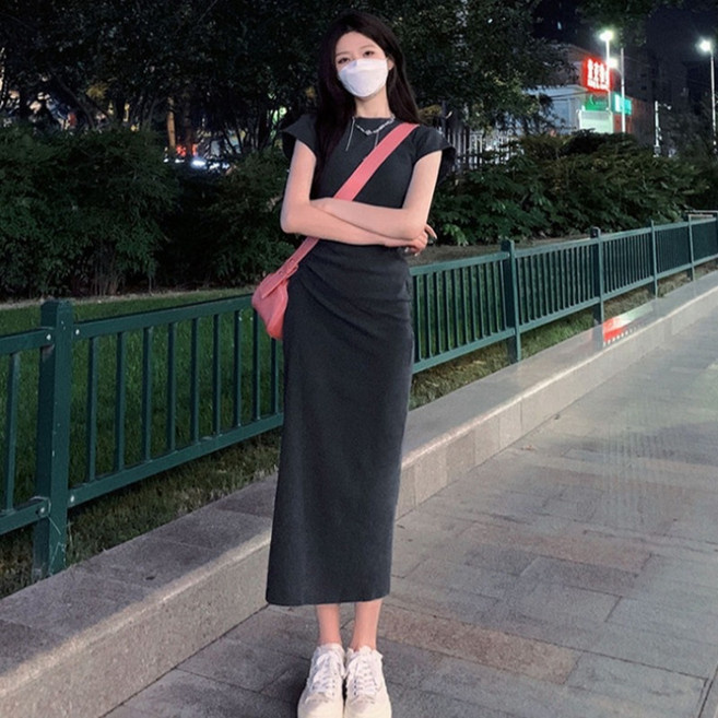 PEONIST 休閒抓皺長版修身短袖簡約連身裙, 灰色