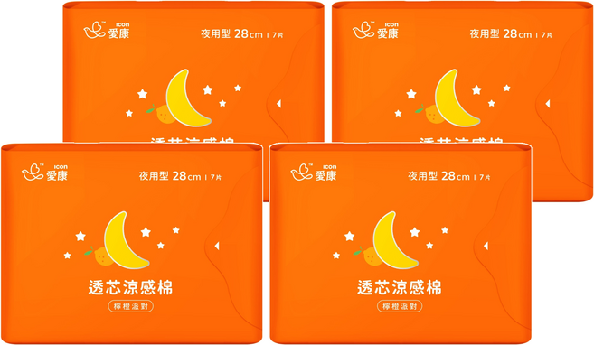 icon 愛康 透芯涼感衛生棉 檸橙派對 夜用型, 28cm, 7片, 4包